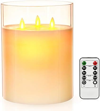 Aku Tonpa 3-Wick 6" x 8" Flameless Candles Battery Operated Pillar Real Wax LED Glass Candle Sets... | Amazon (US)