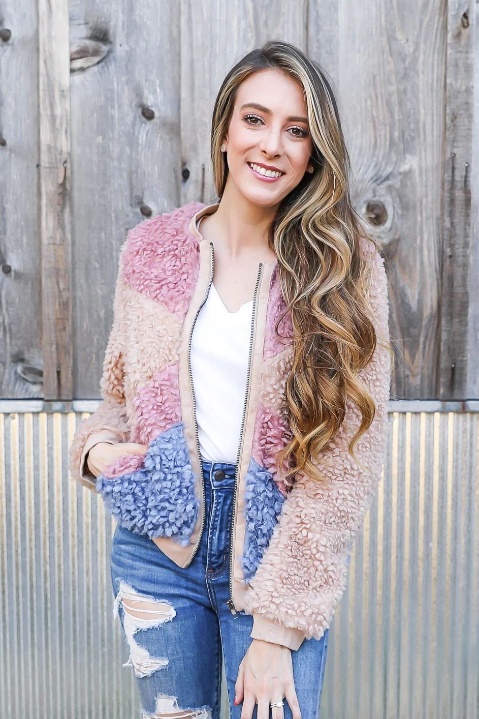 Fuzzy Color Block Jacket Inspired By Pam Carper x Kendra Scott | Inspired Boutique