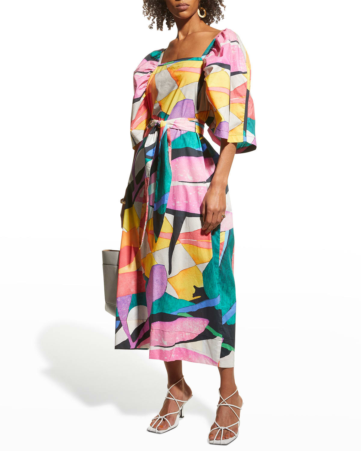 Sara Puff-Sleeve Belted Cotton Dress | Neiman Marcus