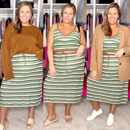 Crochet midi skirt styled 3 ways! Could wear at the beach or not! Love it with this Spanx air essentials sweatshirt, wearing 2x (use code ASHLEYDXSPANX for a discount)! The matching top runs large and I am exchanging it for a size down, but here I’m in the 2x in both! Size 18 in camel blazer. First two shoes are wide width! 

#LTKunder50 #LTKtravel #LTKcurves