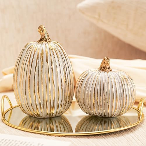 DN DECONATION White and Gold Fall Pumpkin Decorations Thanksgiving Table Centerpieces, 2 Pcs Arti... | Amazon (US)