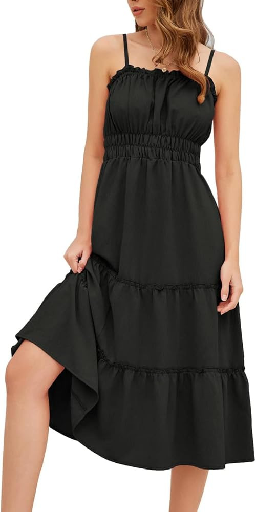 LIUMILAC Women Boho Maxi Beach Dress Floral Swing Spaghetti Straps Dress Pocket | Amazon (US)