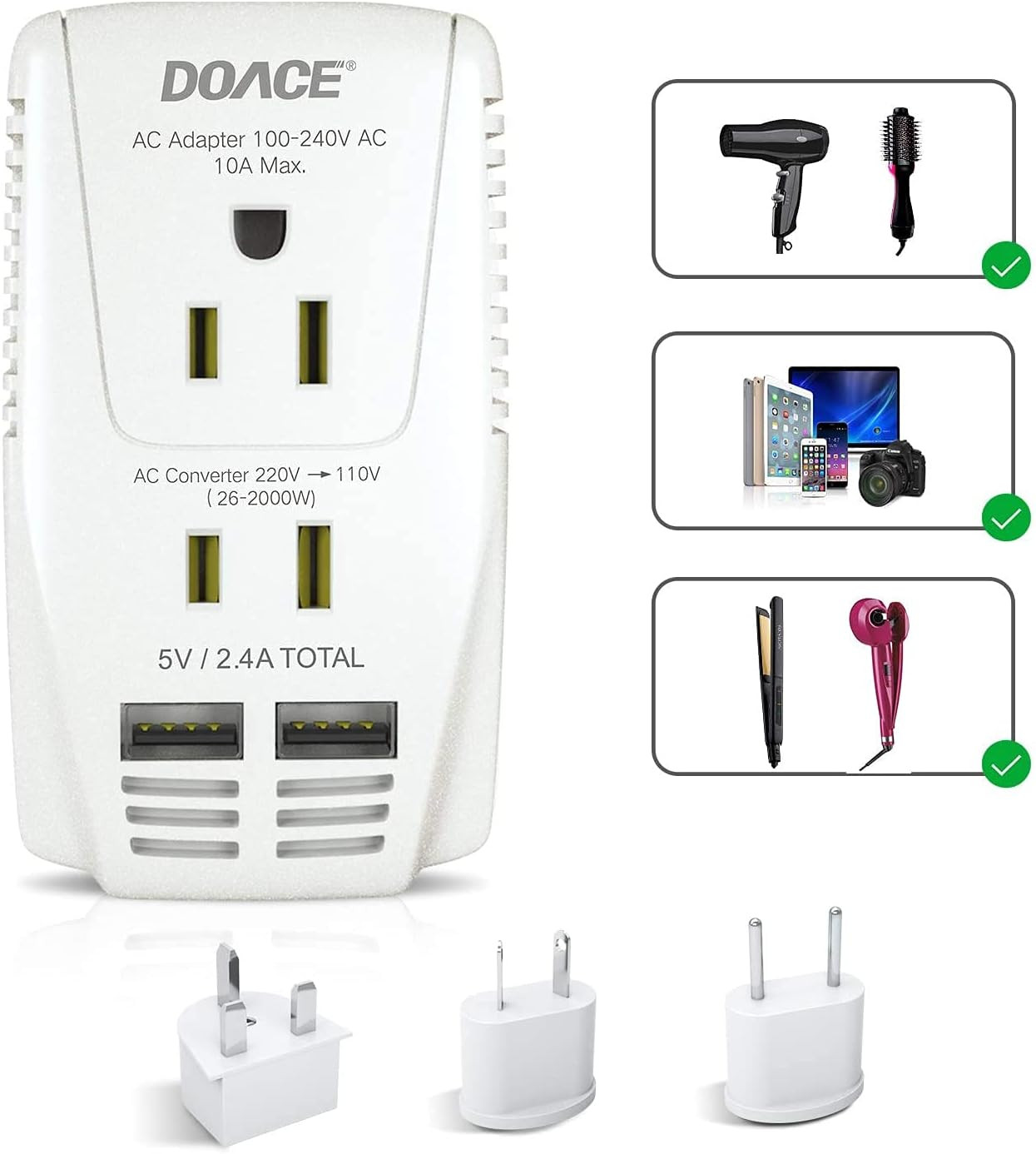 Amazon.com: Upgraded DoAce C11 2000W Travel Voltage Converter for Hair Dryer Straightener Curling... | Amazon (US)