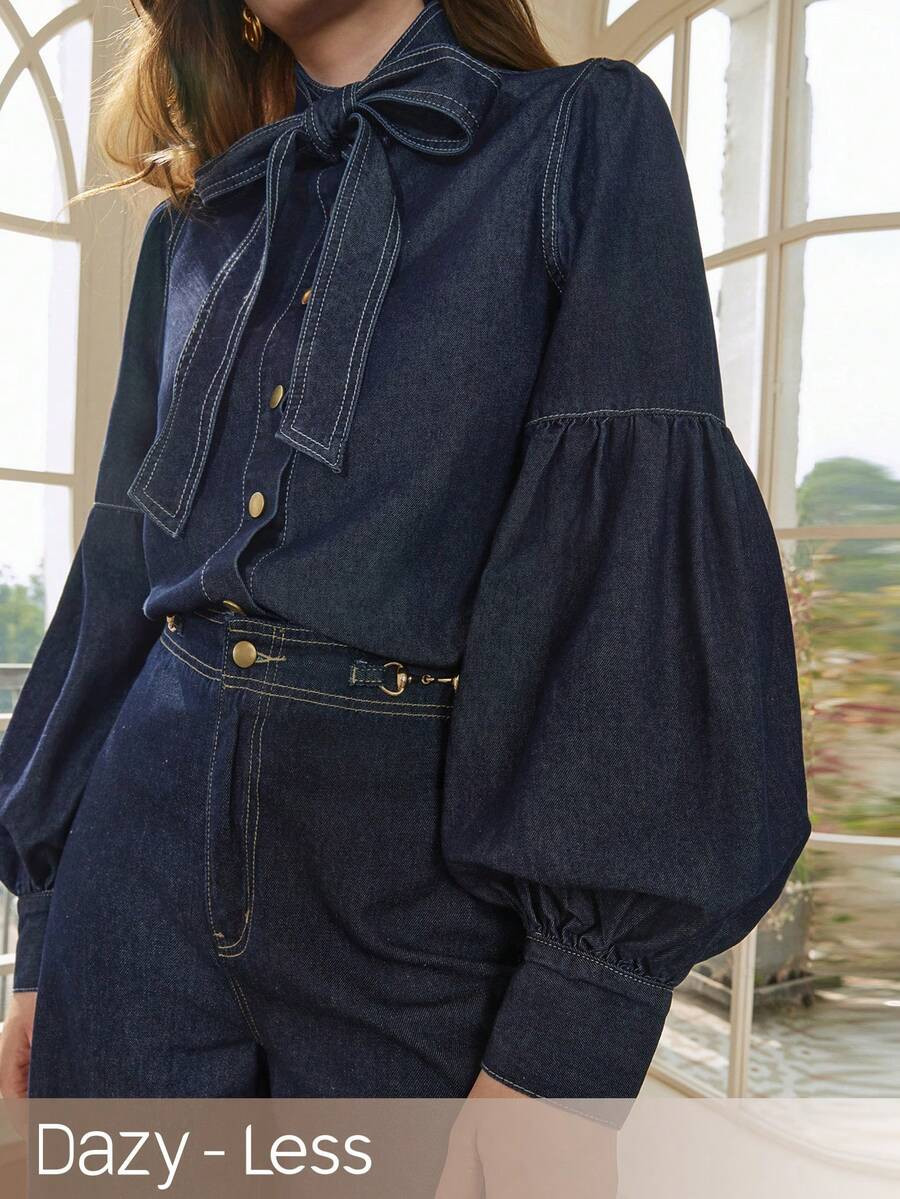 DAZY Jaqueta e Casaco de Ganga Feminino Casual Solto, Elegante Laço Azul Cru, Primavera/Verão | SHEIN
