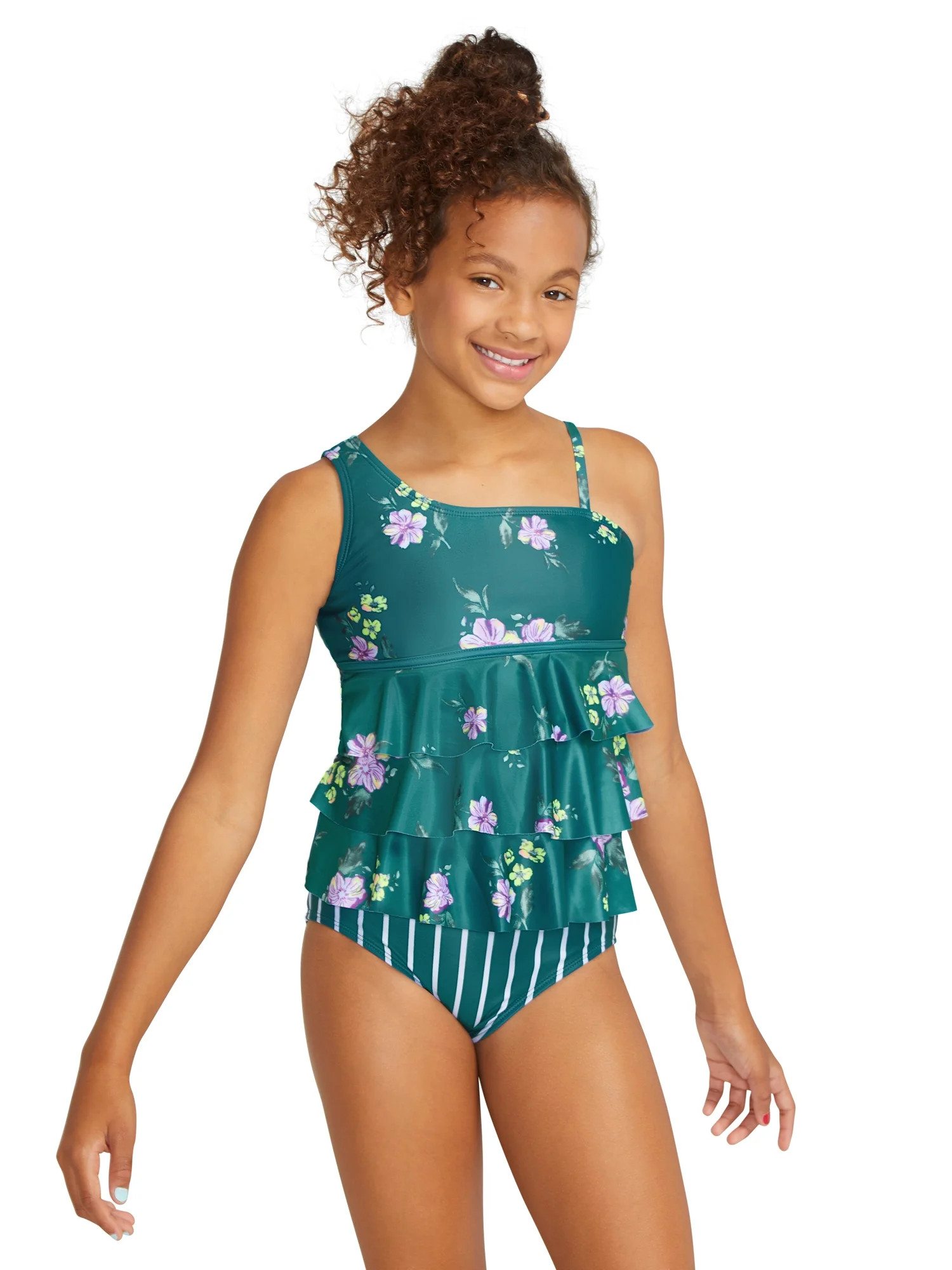 Justice Girls 2 Piece Floral Print and Striped Tankini Ruffle Swimsuit, Sizes 5-18 | Walmart (US)