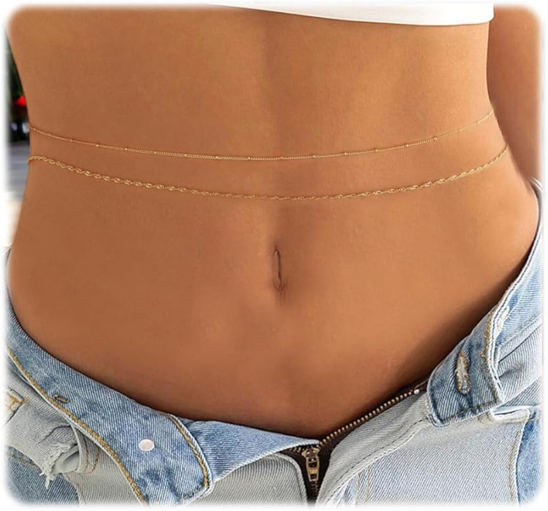 ASCOMY Waist Chains for Women 14K Gold Plated 2Pcs Body Chains Layered Cuban Pearl Satellite Bead... | Amazon (US)