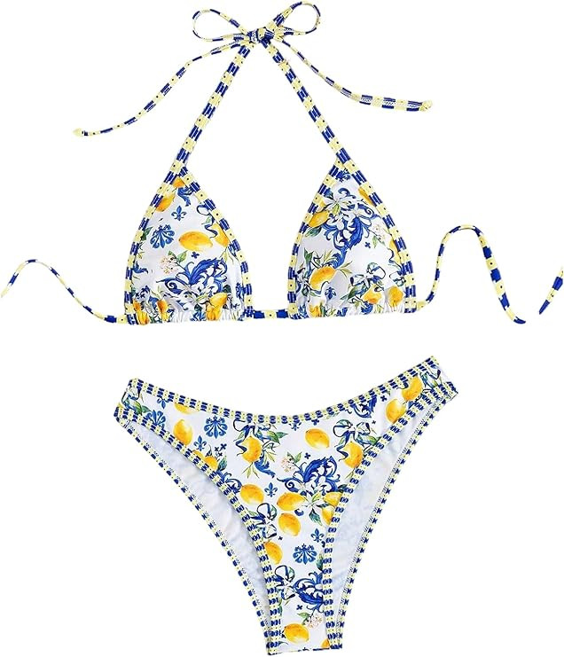 SweatyRocks Women's 2 Piece Bikini Set Boho Lemon Tribal Print Halter Triangle Swimsuits | Amazon (US)
