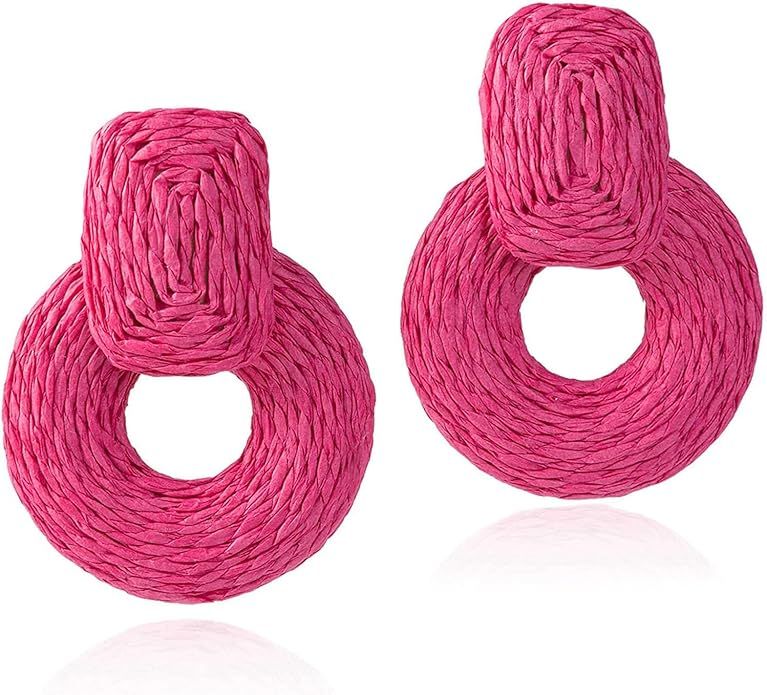 Handmade Statement Raffia Earrings Cute Boho Rattan Dangle Earrings Lightweight Straw Wrap Summer... | Amazon (US)