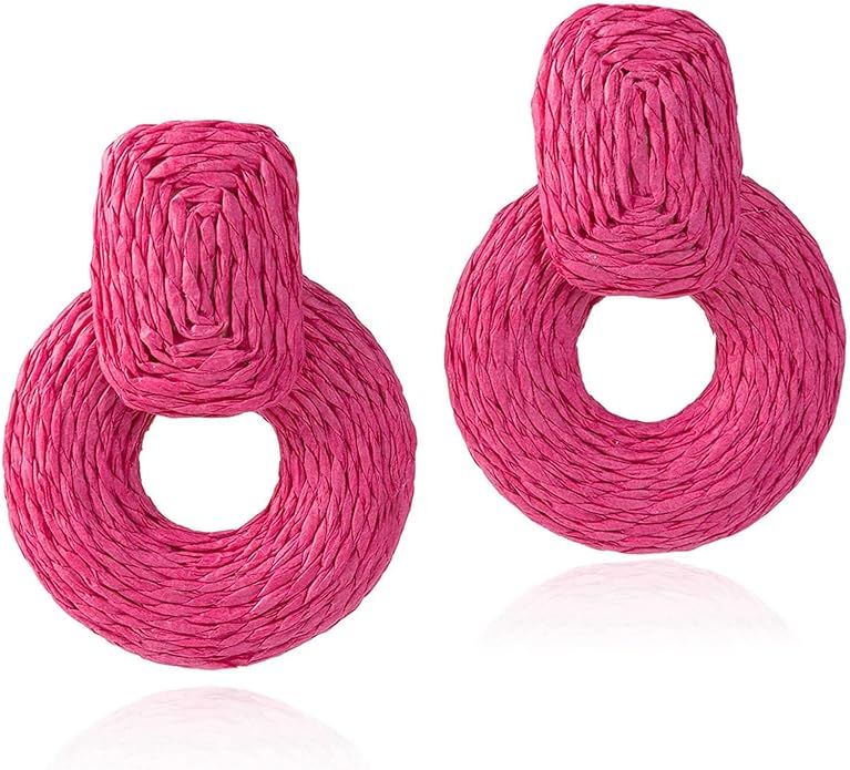 Handmade Raffia Round Statement Drop Earrings Lightweight Boho Geometric Dangle Earrings for Wome... | Amazon (US)