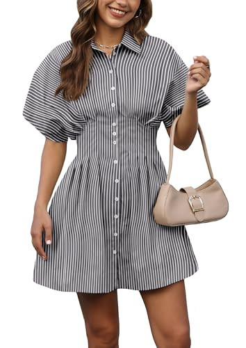 Senllen Shirt Pleated Dress Summer Dresses for Women 2026 Short Sleeve Button Down Elastic Waist Mini Striped Dress with Pockets | Amazon (US)