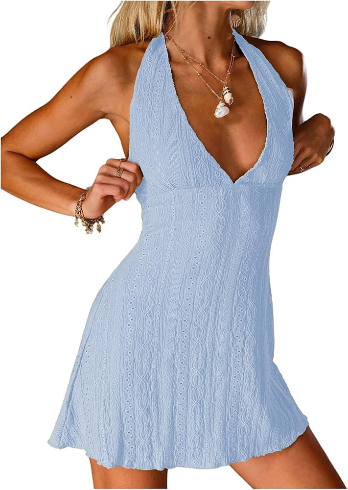 SOLY HUX Women's Deep V Neck Halter Mini Dress Sleeveless Open Back A Line Beach Summer Dresses | Amazon (US)