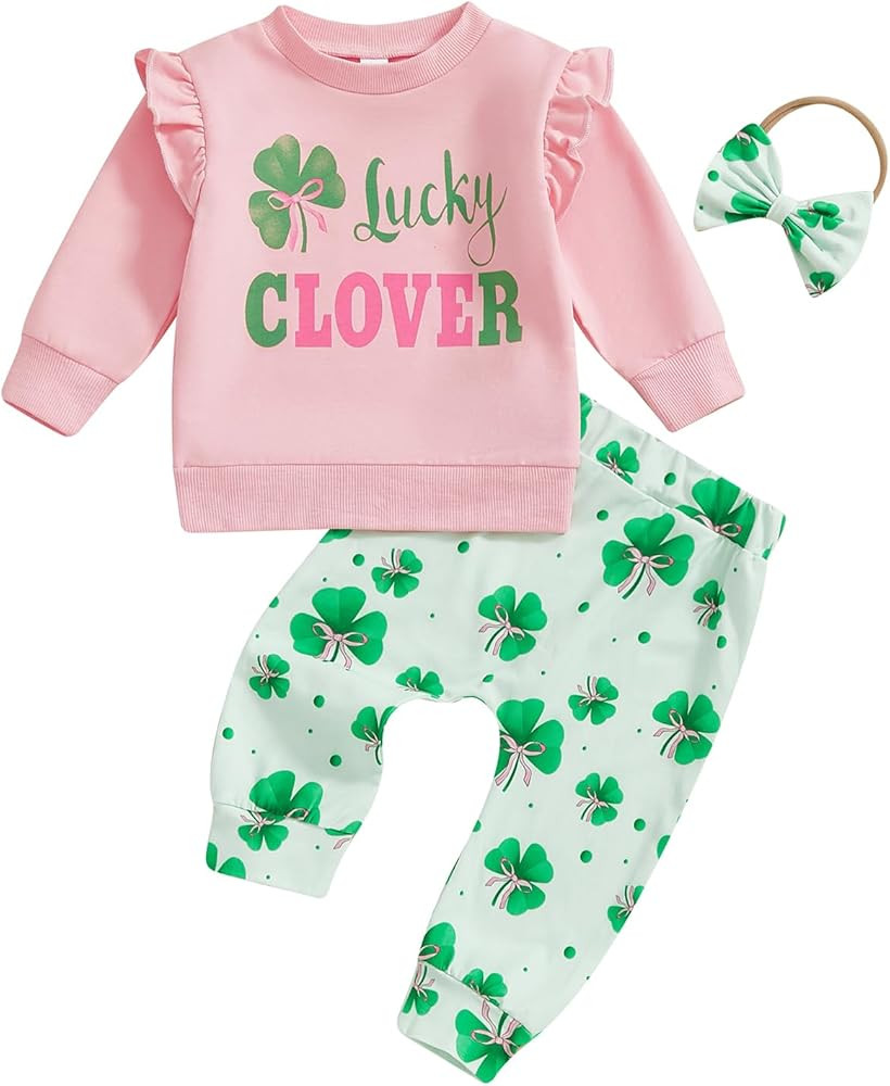 Karuedoo Toddler Baby Girl St Patricks Day Outfit Letter Print Ruffle Long Sleeve Sweatshirt Clov... | Amazon (US)