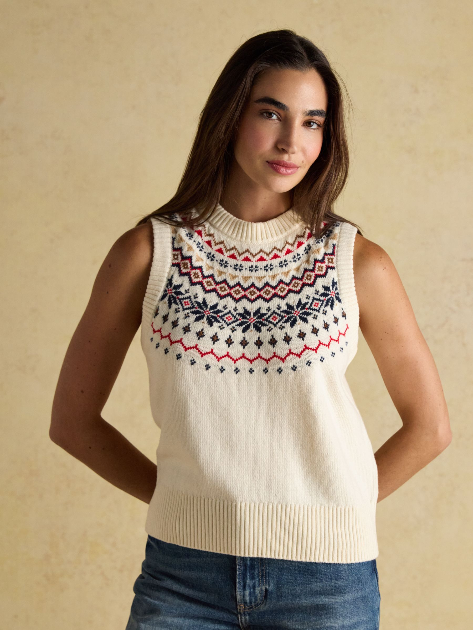 Alba Cream Fair Isle Cotton Rich Vest | Joules | Joules