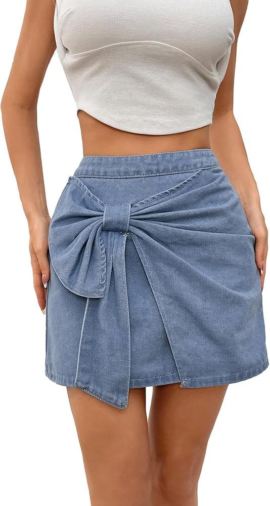 Women's Casual Bow Front Wrap Mini Denim Skirt High Waist Bodycon Jeans Skirt | Amazon (US)