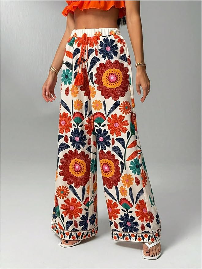 WDIRARA Women's Boho Floral Wide Leg Pants Beach Vacation Elastic Waist Palazzo Pants | Amazon (US)