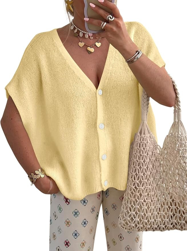 PRETTYGARDEN Womens 2026 Spring Oversized Cardigans Batwing Short Sleeve Lightweight Button V Nec... | Amazon (US)