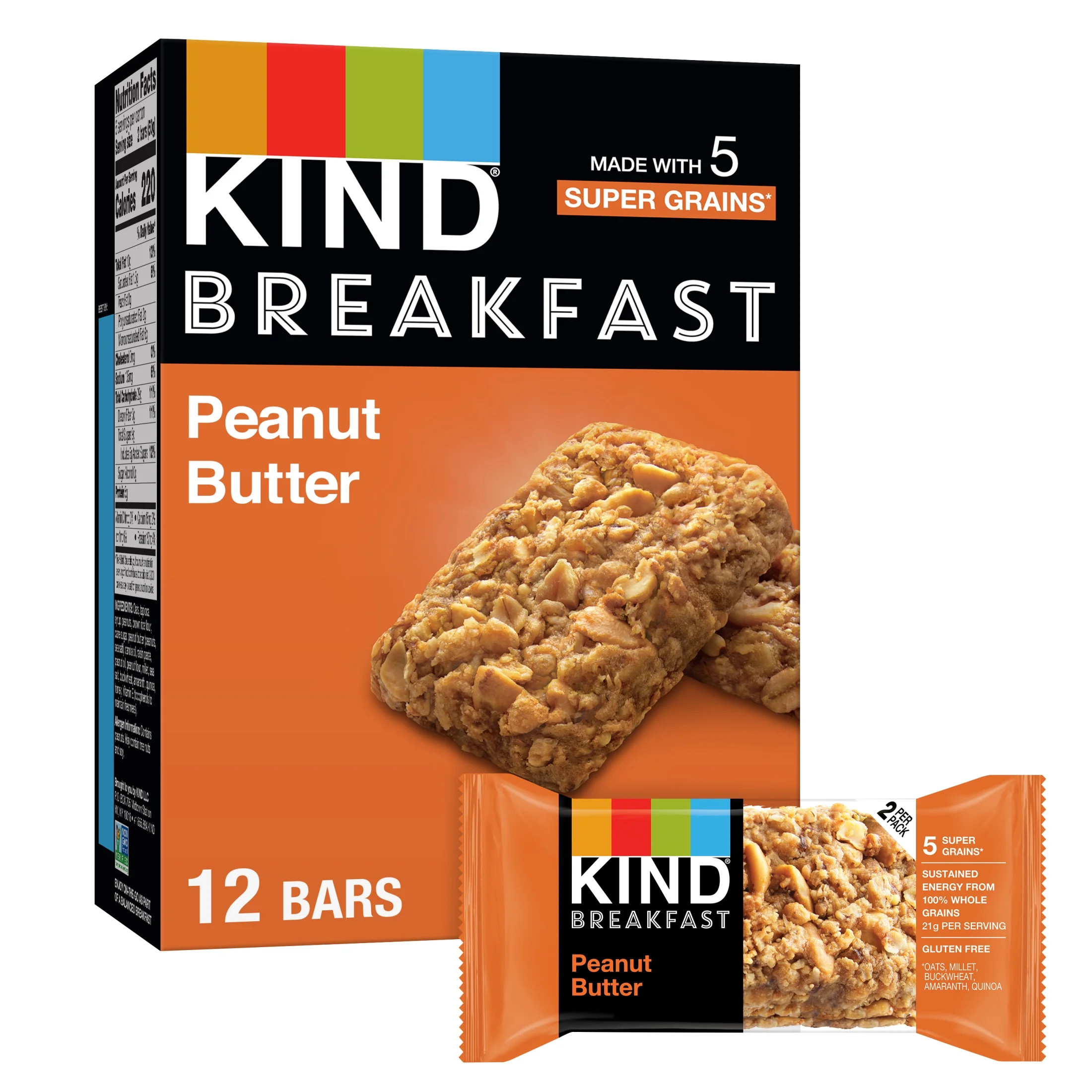 KIND Breakfast 100% Whole Grain Gluten Free Peanut Butter Snack Bars, 1.76 oz, 12 Count Box | Walmart (US)