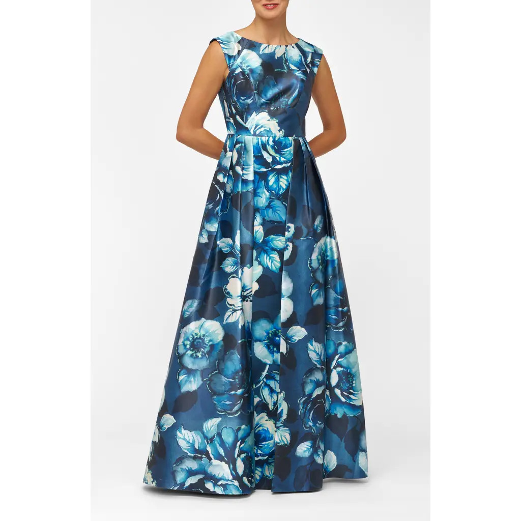Kay Unger Kate Floral Layered Mikado Gown in Dark Ink Multi at Nordstrom Rack, Size 0 | Nordstrom Rack
