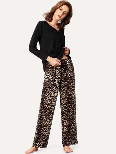 Solid Top & Leopard Print Pants PJ Set | SHEIN