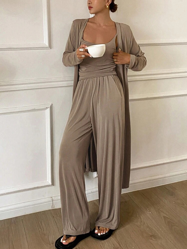 Livesso 3pcs Minimalist Camisole Top & Robe & Pants Home Lounge Wear Set, Cozy Outfits, Fall Wint... | SHEIN