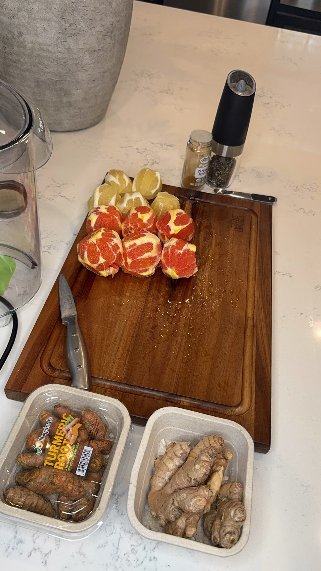 Wellness shots! Highly recommend for this season to stay well and feel energized. 
My recipe-
Cut off orange peels 5-6 Cara Cara oranges 
Cut off lemon peels- 4-5 lemons 
Bundle of Turmeric
Bundle of ginger  
*juice all 4 items above then add..
Add 1/4 tsp cayenne pepper
Add 1/4 tsp black pepper
Add each day to shot glass 4-5 drops oregano oil 
*somewhat spicy to ingest. Not medical advice.  

 #LTKBeauty #LTKFitness #LTKFamily
