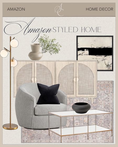 Amazon styled home includes buffet, wall art, vase, faux greenery stem, table lamp, grey accent chair, black throw pillow, gold coffee table, black decorative bowl, area rug.

Styled home, home decor, neutral home decor, moody home decor

#LTKfindsunder100 #LTKhome #LTKstyletip