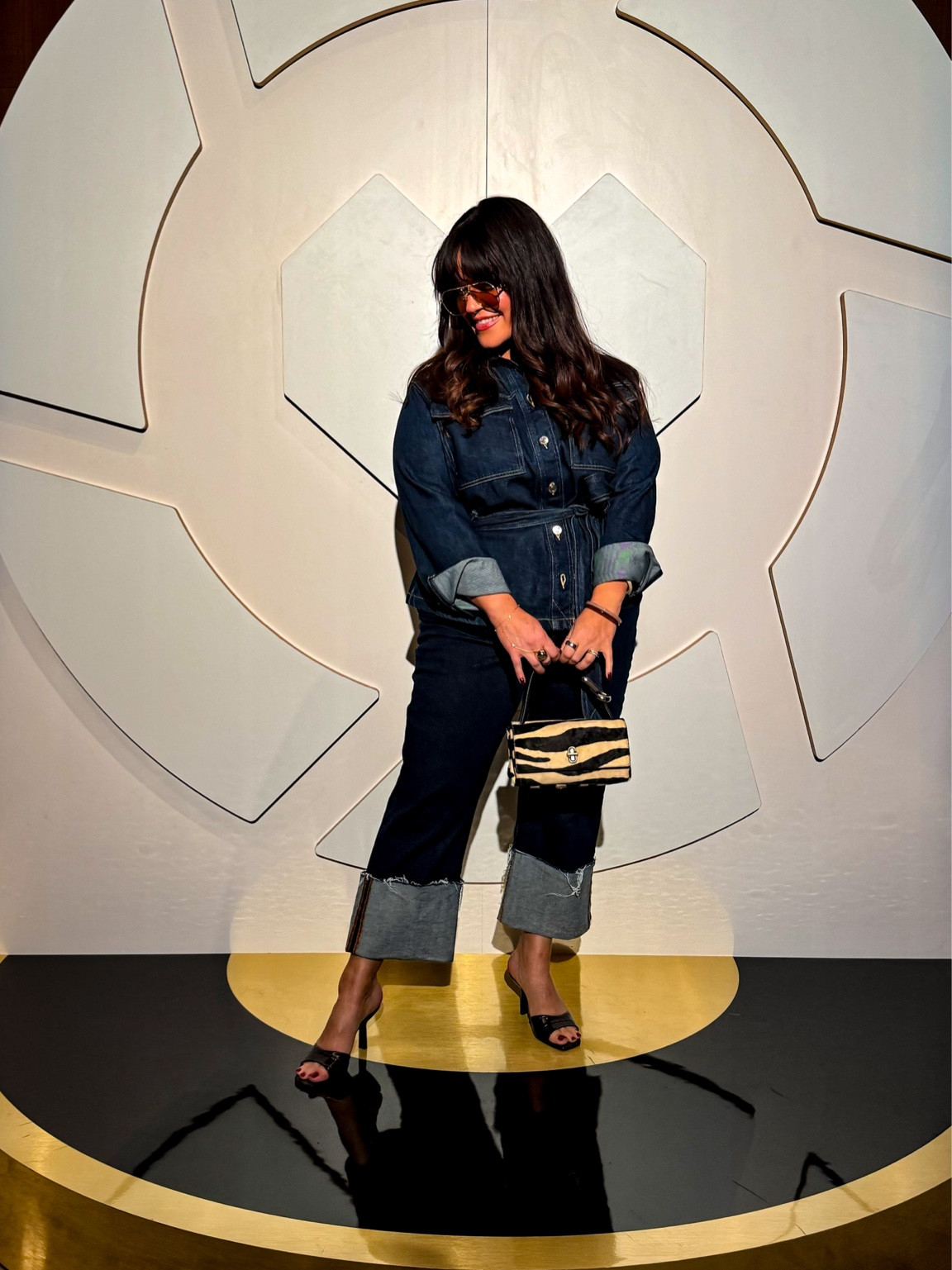 Midsize denim on denim outfit - LTKCon business casual outfit idea 
Wearing an xl in the denim lightweight jacket 
Size 14 in these cuffed dark wash jeans 
Sized up a half size in the shoes
Zebra bag 

#LTKMidsize #LTKCon #LTKStyleTip