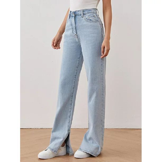 Women's High Rise Side Split Wide Leg Straight Denim Jeans - Walmart.com | Walmart (US)