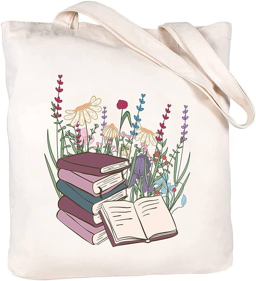 Haukea Book Cute Canvas Tote Bag with Inner Pockets Aesthetic Flower Tote Bags Graphic Reusable T... | Amazon (US)