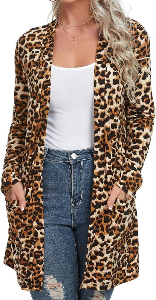 QIXING Women's Casual Leopard Printed Cardigans Long Sleeve Cover Up with Pockets | Amazon (US)