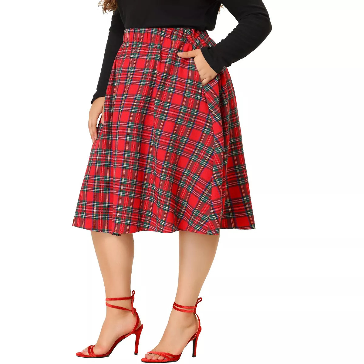 Agnes Orinda Women's Plus Size Velvet Plaid Elastic Waist Flare Fall A Line Skirts | Target