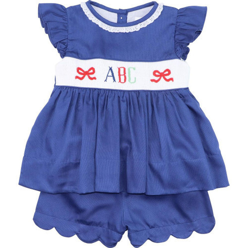 Navy Pique Smocked ABC Scalloped Short Set  - Shipping Late July | Cecil and Lou