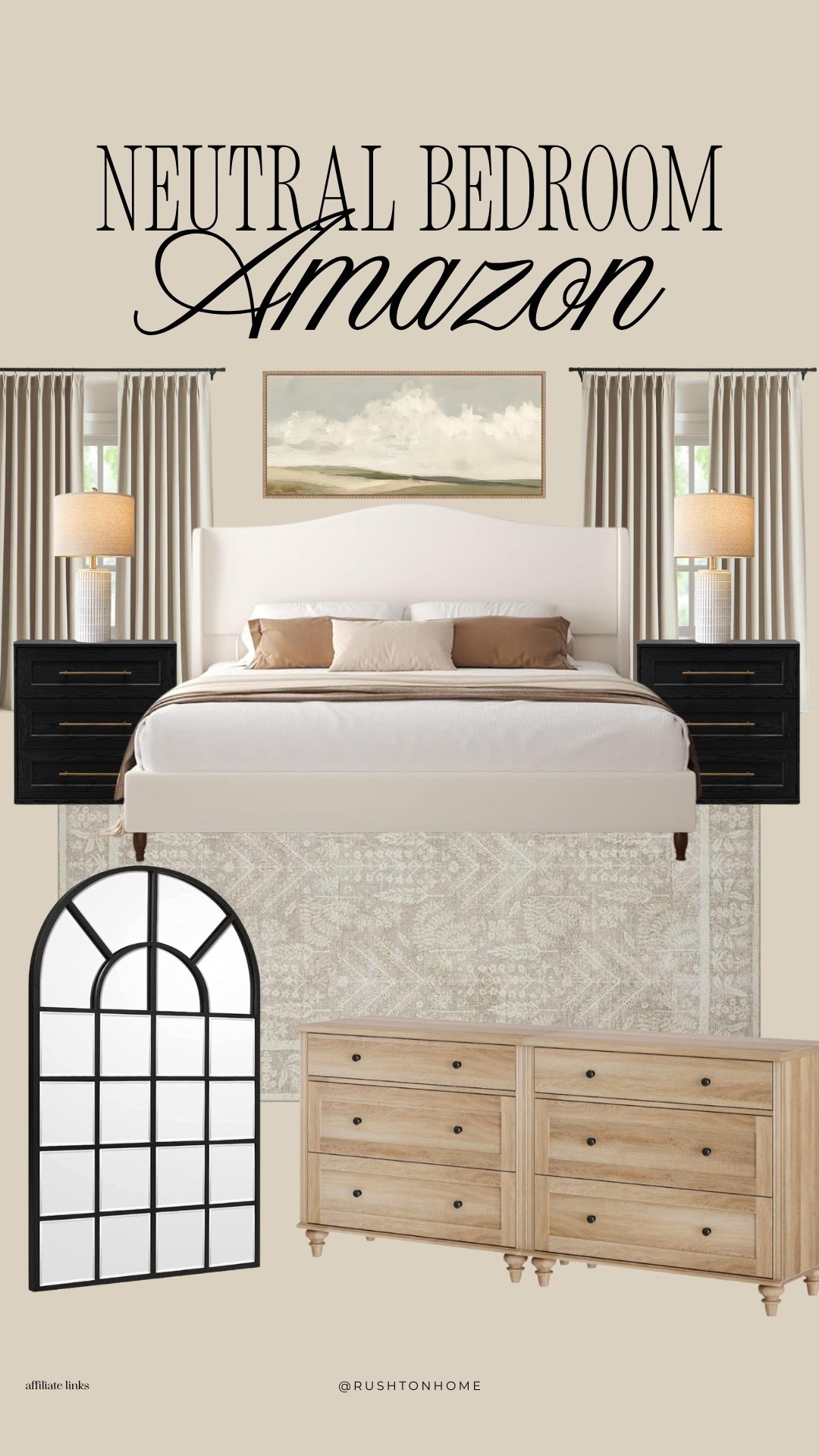 Amazon neutral bedroom decor, Amazon bedroom furniture set, neutral bedroom design ideas, Amazon upholstered bed frame, Amazon black nightstands, Amazon wood dresser natural, Amazon arched floor mirror, Amazon landscape wall art, Amazon bedroom rug neutral, organic modern bedroom decor, warm neutral bedroom aesthetic, designer bedroom look for less, affordable Amazon bedroom finds 

#LTKHome #LTKdayinmylife #LTKmomlife