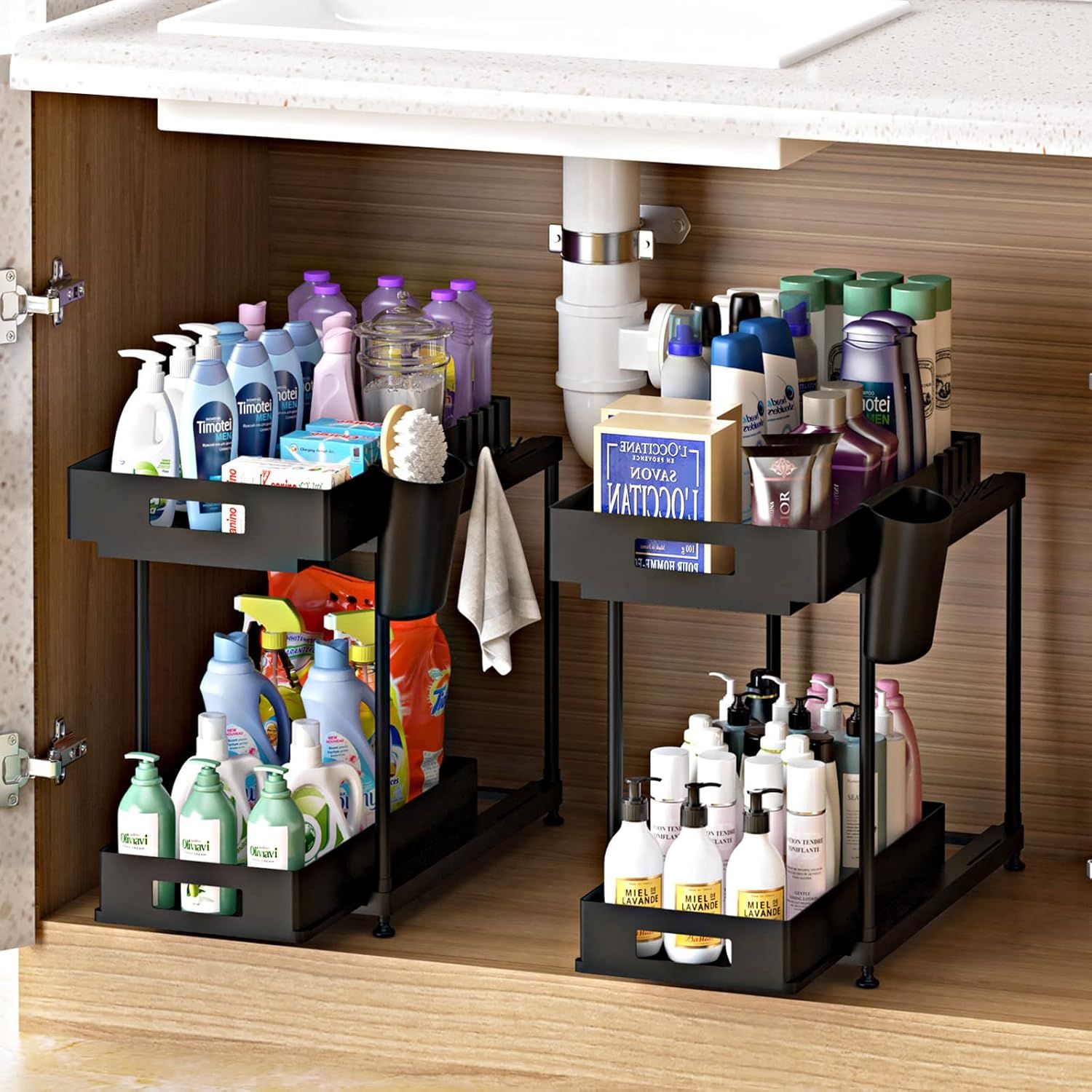 NYYTGE Double Sliding Under Sink Organizer, 2 Tier Bathroom Organizer with 1 Cup 4 Hooks, Multi-p... | Amazon (US)