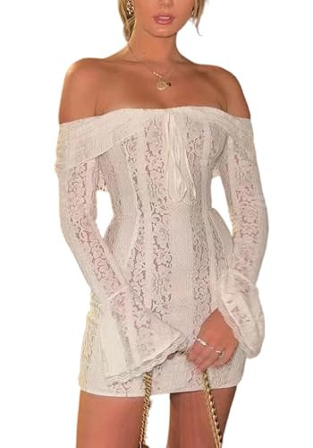 Sezhgswd Women's Off The Shoulder Lace Dress Bell Long Sleeve Bodycon Mesh Sheer Sexy Party Club Mini Dresses Y-White | Amazon (US)