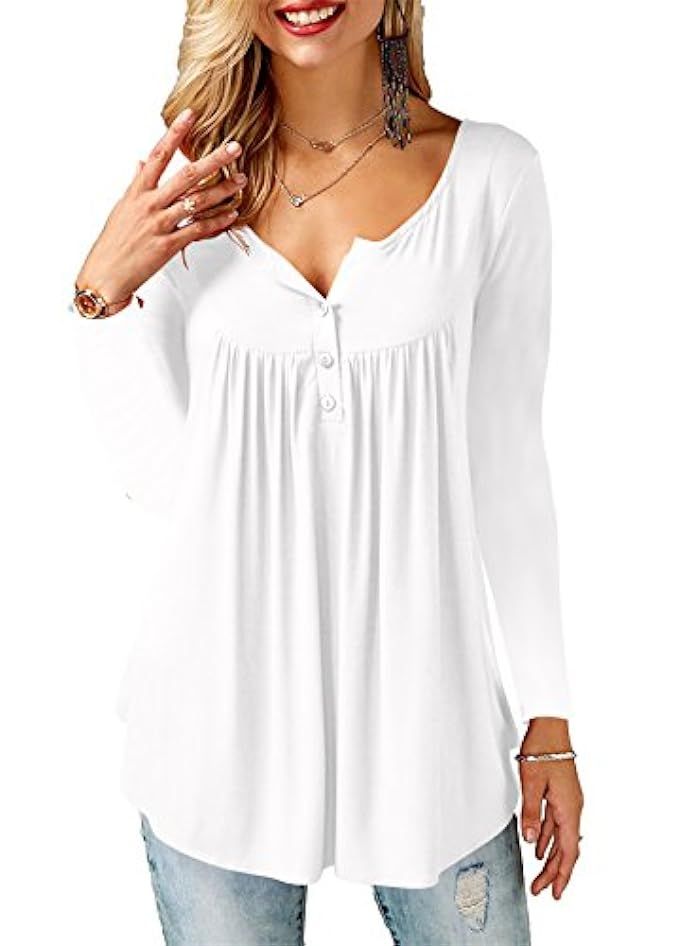 Amoretu Women's Casual Long Sleeve Henley Shirt V Neck Button up Tunic Tops | Amazon (US)