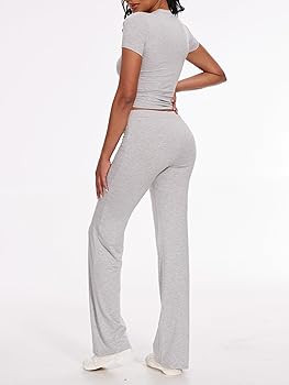 Amazon.com: AnotherChill Women's 2 Piece Lounge Sets Straight Leg Pants Set Short Sleeve Crop T-s... | Amazon (US)