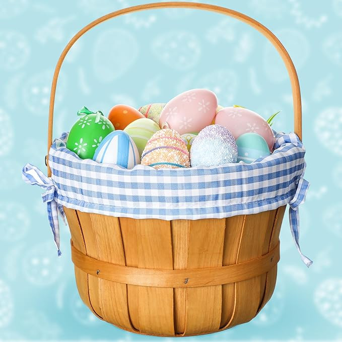 Wooden Easter Basket with Handle Woodchip Basket with Blue Gingham Liner Round Wood Basket for Ea... | Amazon (US)