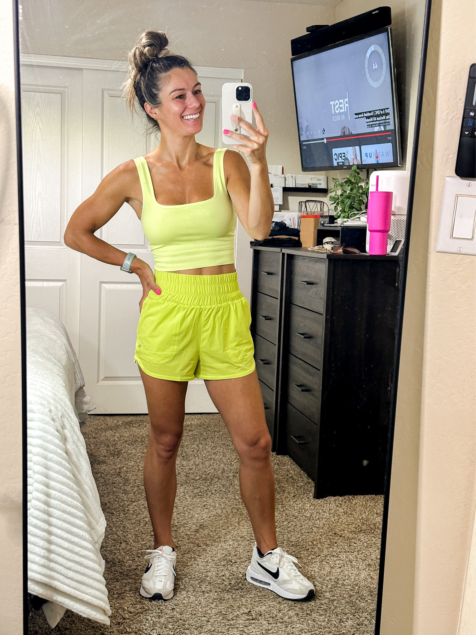 Target athletic tank - low impact - small 
Target shorts - Xs
Nikes tts if between go up

#LTKunder50 #LTKfit #LTKFind
