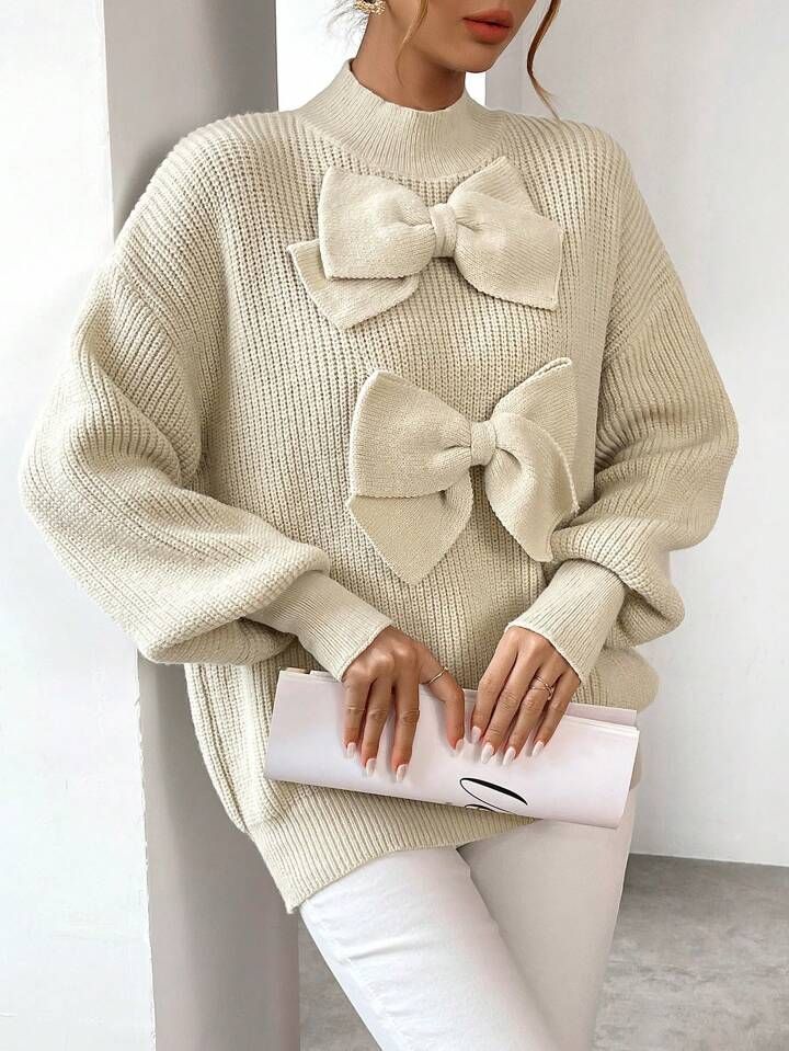 SHEIN Privé Mock Neck Bow Front Drop Shoulder Sweater | SHEIN