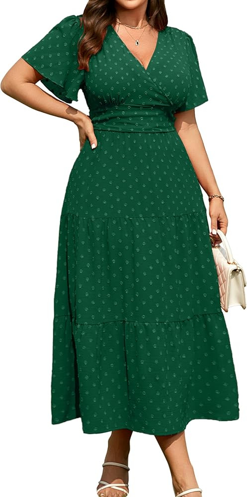 Amazon.com: RWJ Women's Plus Size Wrap V Neck Dress Summer Short Sleeve Swiss Dot Empire Waist Ca... | Amazon (US)
