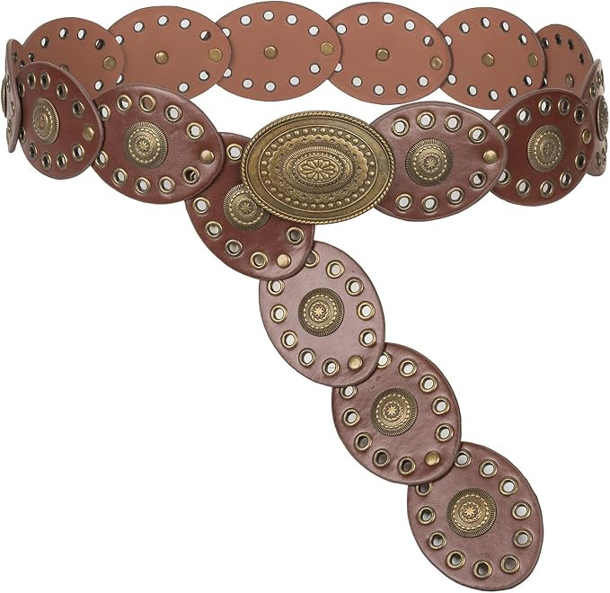 Womens Wide Western Cowboy Disc Belt Vintage Cowgirl Concho Leather Belts | Amazon (US)
