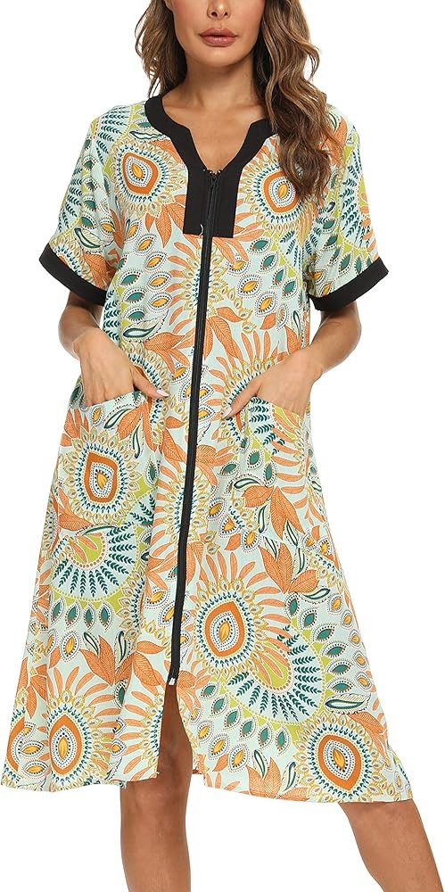 YOZLY House Dresses for Women Zipper Front Housecoat Lightweight Duster Robe with Pockets | Amazon (US)