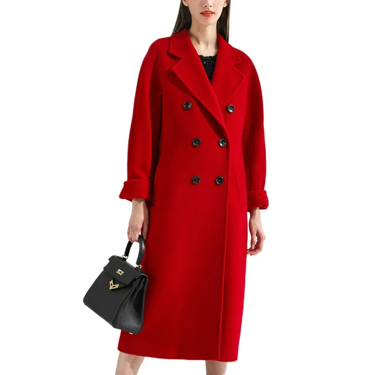 Frontwalk Ladies Belted Long Sleeve Trench Coats Double Breasted Casual Wool Pea Coat Women Notch... | Walmart (US)