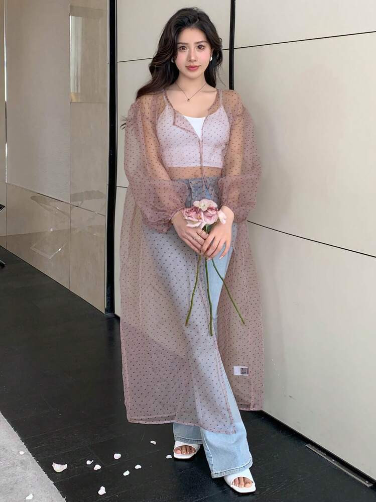 DAZY Women Fashionable Long Kimono Coat With Sheer Mesh Design Summer | SHEIN