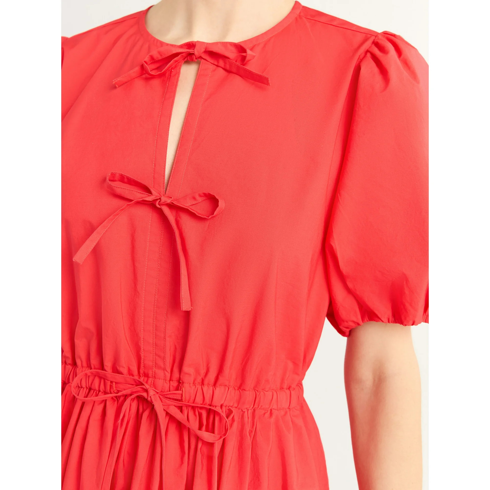 Free Assembly Women's and Women's Plus Tie Front Cotton Eyelet Midi Dress with Short Puff Sleeves... | Walmart (US)