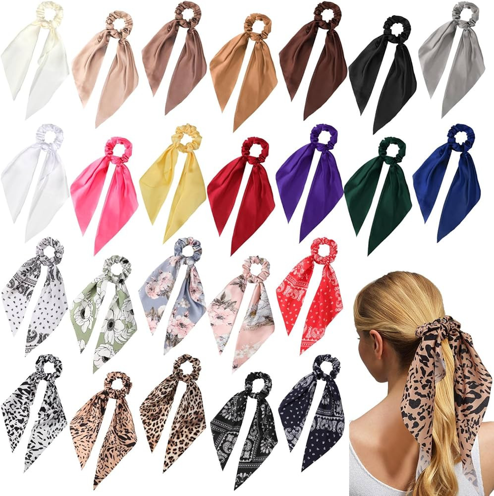 24 Pcs Hair Scarf Scrunchies with Ribbon Knotted Bow Hair Ties Bands Bulk Elastic Ponytail Holder... | Amazon (US)
