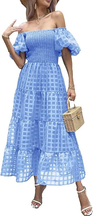 PRETTYGARDEN Women's Casual Summer Dress Puffy Short Sleeve Square Neck Smocked Tiered A Line Max... | Amazon (US)