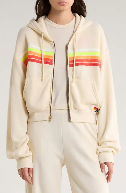 Aviator Nation 5-Stripe Zip Hoodie in Vintage White/White Neon at Nordstrom, Size Large | Nordstrom