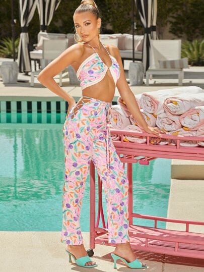 SHEIN X Ji Yeon Lee Allover Plants Halter Top & Lace Up Side Pants Set | SHEIN